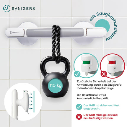 SANIGERS® Grab bar with suction cup - Extra strong hold 110 KG - Grab bar for shower without drilling, grab bars for seniors, bathtub handle without drilling, shower handle with suction cup, suction handle bathroom