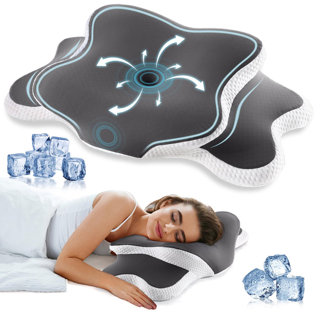 YunNasi Memory Foam Pillow, Ergonomic Neck Support Pillow, Orthopedic Pillow, Side Sleeper Pillow, for Side, Back &amp; Stomach Sleepers with Washable Cooling Ice Silk Cover