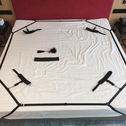 BDSM Bondage Set Bed Restraints Sex Toy for Couples | Extremely Sturdy Restraint Set with Bed Restraints, Handcuffs, Blindfold, Bed Straps, Adjustable Length, 1 Minute Quick Installation