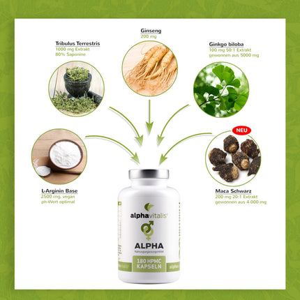 alphavitalis ALPHA Men capsules for long-term use with zinc (for normal fertility and reproduction), amino acid L-arginine, Maca Black, Tribulus Terrestris, Ginkgo, Ginseng