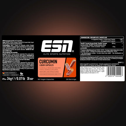 ESN Turmeric Capsules, 60 Capsules, 1000 mg Curcumin per Serving, from patented NovaSOL, 185x higher bioavailability due to liquid form, vegan, made in Germany