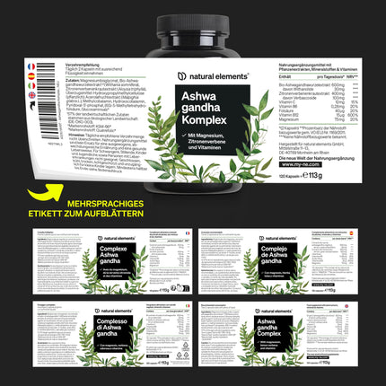 Ashwagandha Complex – 600mg per daily dose – 120 capsules – with KSM-66, lemon verbena, magnesium, folic acid, and vitamins C, B6, and B12 – high-dose &amp; vegan – produced in Germany &amp; laboratory-tested