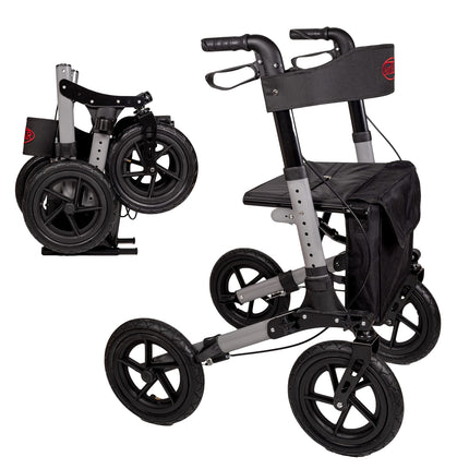 Antar travel rollator with pneumatic tires, folds multiple times for transport. AT51036