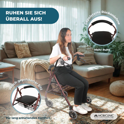 Mobiclinic®, Rollator, Escorial, European brand, Foldable and lightweight, Lockable handbrake, Walking aid, Aluminum, Removable basket, With seat and backrest, Bordeaux