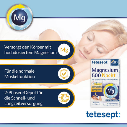 tetesept Magnesium 500 Night – dietary supplement with high-dose magnesium – relaxed muscles during sleep with magnesium tablets – 1 x 30 tablets