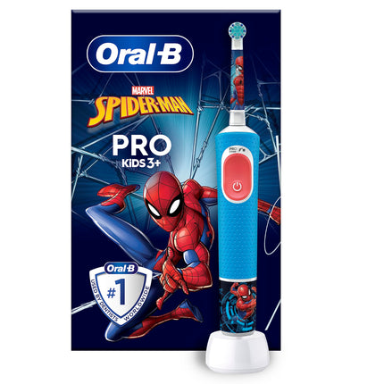 Oral-B Pro Kids Spiderman Electric Toothbrush for children ages 3 and up, including Sensitive+ mode for dental care, extra soft bristles, 1 brush head, 4 stickers, blue/red