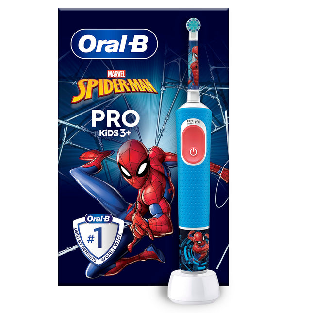 Oral-B Pro Kids Spiderman Electric Toothbrush for children ages 3 and up, including Sensitive+ mode for dental care, extra soft bristles, 1 brush head, 4 stickers, blue/red