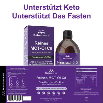 Pure MCT Oil C8 | Glass Bottle | Produces 4X Ketones Compared to Other MCT Oils | Highest Purity &gt; 99% | 100% Coconut | Supports Keto Diet, Keto Coffee &amp; Fasting | 500 ml | Ketosource®