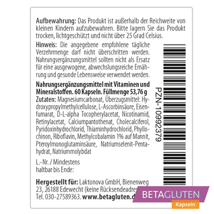 Betagluten 60 Capsules | Suitable for gluten sensitivity, wheat allergy, celiac disease, low-carb or FODMAP diets