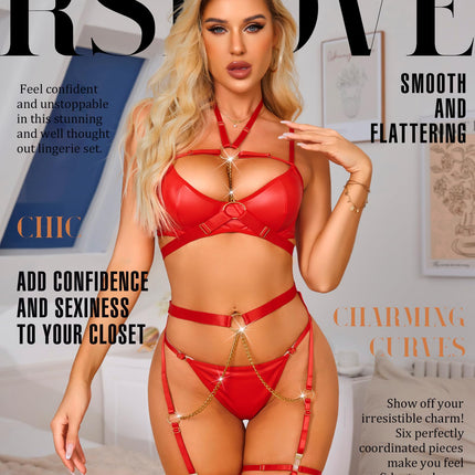 RSLOVE Women's Lingerie Set with Suspenders - Sexy Underwear Bra and Panties 6-piece Vivid Red M