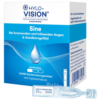 Hylo-Vision Sine eye drops – For dry, burning, watery eyes and a feeling of grittiness, ideal for on the go, slightly viscous, preservative-free, suitable for contact lenses, 20 x 0.4 ml