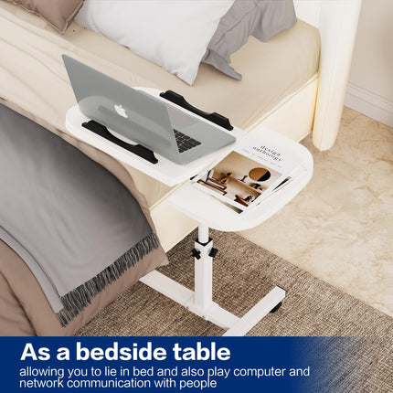mosegor Mobile Side Table Height-Adjustable Nursing Table for Bed with 4 Casters, 60×40cm Laptop Table, Rotating Overbed Table for Living Room, Bedroom, Office, Bed, Sofa, Max. 20KG, White