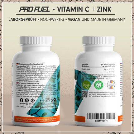 Vitamin C + Zinc (365 tablets) - optimally high dosage: 500 mg buffered vitamin C + 15 mg zinc from bioavailable zinc bisglycinate - immune system &amp; cell protection - laboratory-tested with certificate - 100% vegan