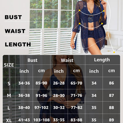 RSLOVE Sexy Lingerie Set for Women - Lace Underwear Dressing Gown with Bra and Panties Navy Blue L