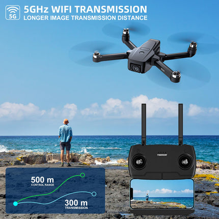 T18S GPS Drone with 4K Camera for Adults, TEEROK 5G Transmission FPV Drone 500m RC Quadcopter with Automatic Return, Follow Me, Brushless Motor, Gesture Control, 2 Batteries