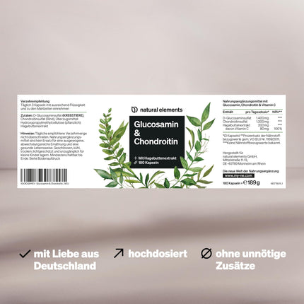 Glucosamine &amp; Chondroitin – 180 Capsules – with vitamin C for normal collagen formation* – high dosage, without unnecessary additives – produced in Germany &amp; laboratory-tested