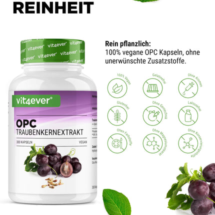 OPC Grape Seed Extract - 300 Capsules - 1000mg extract with 700mg OPC - Highest OPC content according to HPLC - Laboratory-tested OPC from European grapes - Vegan - High dosage