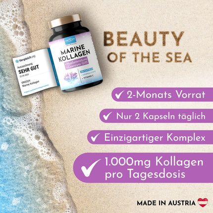 Premium Marine Collagen Combo 1000mg + Q10, hyaluronic acid, copper, manganese, vitamins C, zinc, and biotin contribute to the maintenance of normal skin and hair; Made in Austria by VROODY - test result: VERY GOOD!
