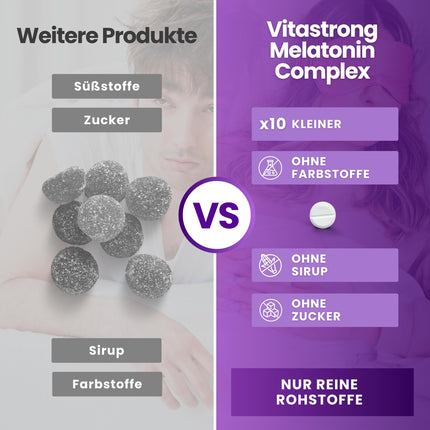 Melatonin Vitastrong Complex, 365 micro-tablets, high dose with chamomile, valerian, lavender and vitamin B6, melatonin tablets for sleep quality and jet lag, sugar-, gluten- and GMO-free