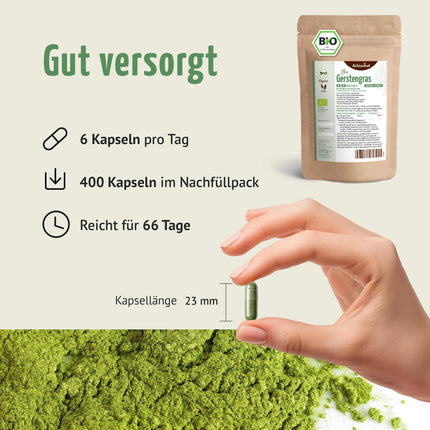 Barley Grass Capsules Organic Refill Pack 400 Capsules | 3000 mg per daily dose | Finely ground barley grass in capsule format | From controlled organic cultivation | No additives | From Achterhof