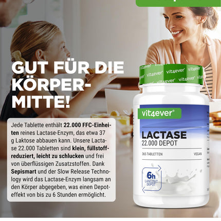 Lactase 22,000 Depot - 365 tablets with depot effect (Sepismart® Slow Release) - High dosage with 22,000 FCC units - For lactose and milk intolerance - No unwanted additives