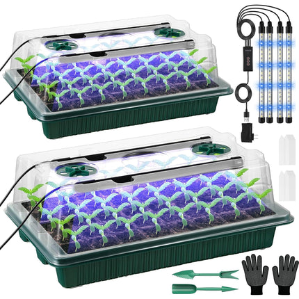 VEEKAY Indoor Greenhouse Propagator, 2 Pieces 80 Hole Mini Greenhouse Propagation Set with Plant Lamp, Propagation Tray with Timing Controller Adjustable Brightness, 20 Plant Labels for Seedling Plant