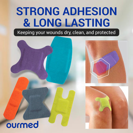 Ourmed Universal Plaster Wound Plasters - Flexible fabric bandages and non-stick bandages, latex-free, for cuts, scrapes, blisters, various sizes, bright colors, 100 strips