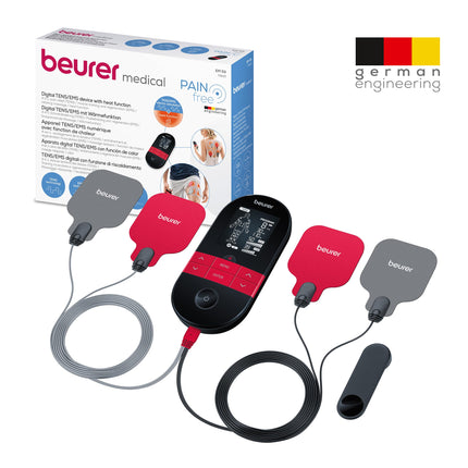Beurer EM 59 Heat digital TENS / EMS device, 4-in-1 electrical stimulation device for pain therapy, muscle stimulation, massage and heat therapy, including 4 electrodes and battery