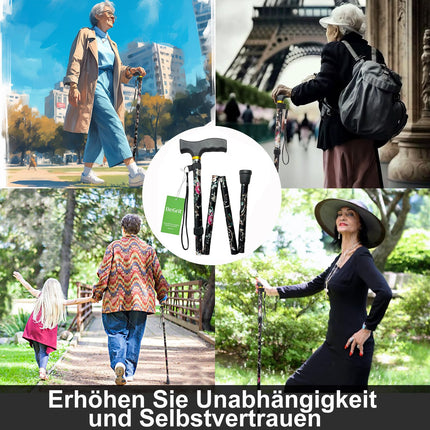 BeGrit Folding Walking Stick for Women Walking Stick Colorful Black Gifts Women Elegant Height Adjustable Walking Stick Flowers Crutch Gifts for Mother Men Birthday Thanksgiving the New Year