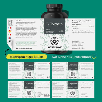 Nature Love L-Tyrosine 240 vegan capsules - 1000 mg per daily dose - 4-month supply - from fermentation, laboratory-tested and produced in Germany - no unwanted additives