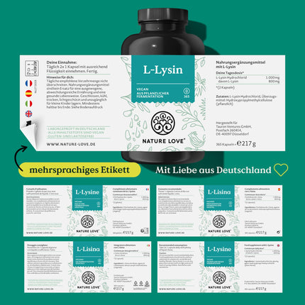 NATURE LOVE® L-Lysine - 365 vegan capsules - 1000mg L-Lysine HCL per daily dose - Lysine from plant fermentation - 6-month supply - Laboratory-tested, additive-free, and produced in Germany