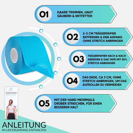 Health Press® Kinesiotapes - 2 Kinesiology Tape Rolls Blue + Black (5cm x 5m) Kinesiotape - Professional Physio Tape and Sports Tape - Skin-friendly Tapes DERMATEST: VERY GOOD