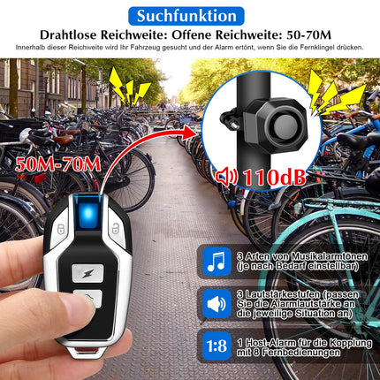 Bicycle Alarm System, 2 Pairs of Bicycle Alarm Systems with Remote Control, USB Rechargeable Bicycle Alarm, with Motion Sensor, Waterproof, for Scooter MTB Ebike E Scooter