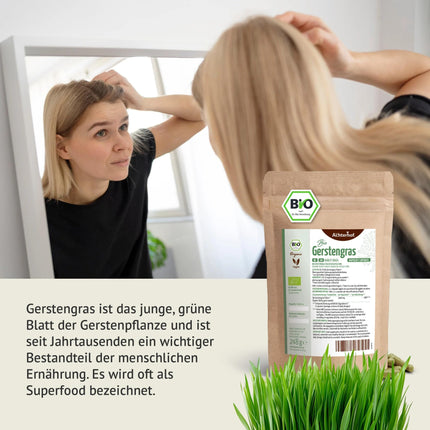 Barley Grass Capsules Organic Refill Pack 400 Capsules | 3000 mg per daily dose | Finely ground barley grass in capsule format | From controlled organic cultivation | No additives | From Achterhof