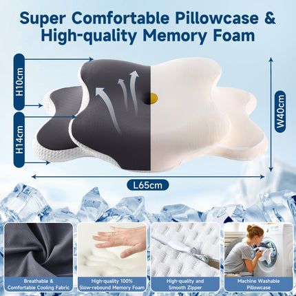YunNasi Memory Foam Pillow, Ergonomic Neck Support Pillow, Orthopedic Pillow, Side Sleeper Pillow, for Side, Back &amp; Stomach Sleepers with Washable Cooling Ice Silk Cover