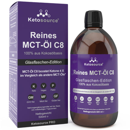 Pure MCT Oil C8 | Glass Bottle | Produces 4X Ketones Compared to Other MCT Oils | Highest Purity &gt; 99% | 100% Coconut | Supports Keto Diet, Keto Coffee &amp; Fasting | 500 ml | Ketosource®