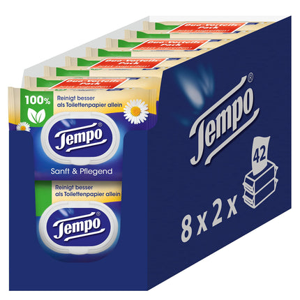 Tempo Moist Toilet Wipes "Gentle &amp; Caring" - Megapack - 16 packs with 42 wipes each - Duo Packs - with natural chamomile - Toilet paper, dermatologically tested &amp; pH skin-neutral