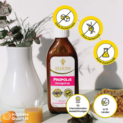 BEE&amp;YOU Propolis Honey Syrup, for children with vitamin C, food supplement for children, 100% natural and without additives, 33 international awards, 12 certificates, gluten-free, sugar-free