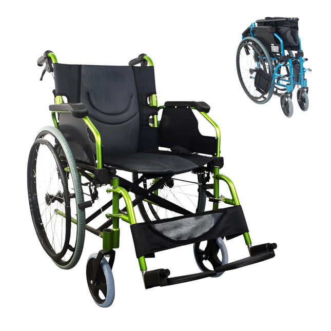 Mobiclinic®, Wheelchair, Bolonia, Aluminum, Foldable and lightweight, Folding split backrest, Removable footrest, Armrests, For adults, Green