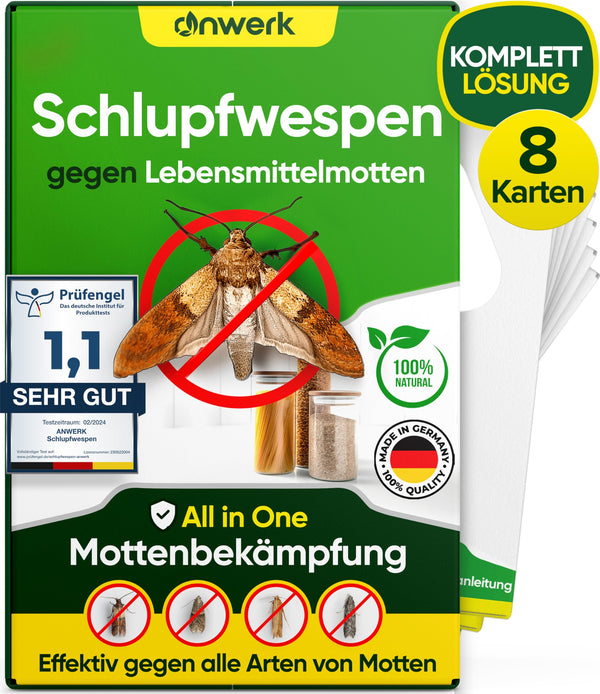 anwerk® Parasitic Wasps against Food Moths - 8 Cards (2 cards with 4 deliveries) - Effectively combat food moths - Alternative to moth traps, moth sprays, and pheromone traps