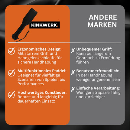 KINKWERK spanking paddle made of high-quality synthetic leather | Intense stimulation for men and women | Ergonomic with wrist strap | Versatile for play and performance