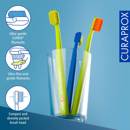 Curaprox Toothbrush Set CS 5460-3-Pack Ultra Soft Manual Toothbrush for Adults 5460 with super soft CUREN bristles -Random Color