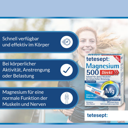 tetesept Magnesium 500 Direct – 1 x 20 Direct Sticks – Dietary supplement with magnesium powder for ingestion without water – Fast for active muscles