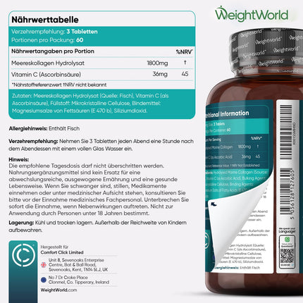 Collagen Tablets with Vitamin C - 1800mg Collagen Hydrolysate per Serving - Collagen Peptides Types 1 &amp; 3 - 180 Tablets - 2 Month Supply - WeightWorld