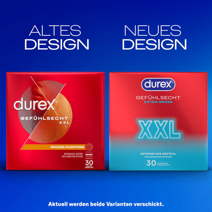 Durex Feeling XXL Condoms – Thin condoms with a large fit &amp; moistened with silicone lubricant, transparent, pleasant smell – for a comfortable fit – 30-pack (1 x 30 pieces)