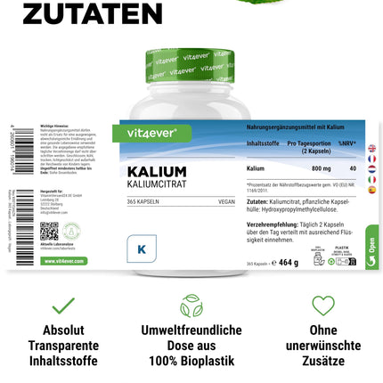 Potassium - 365 capsules with 800 mg elemental potassium (from potassium citrate) per daily dose - vegan, high dosage, no additives