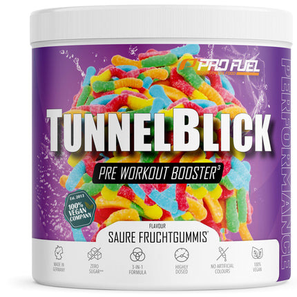 Pre-Workout Booster³ SOUR FRUIT GUMS 440g - incredibly delicious - TUNNELBLICK Training Booster³ with citrulline, arginine, taurine, caffeine, guarana, and magnesium - optimally dosed - 100% vegan