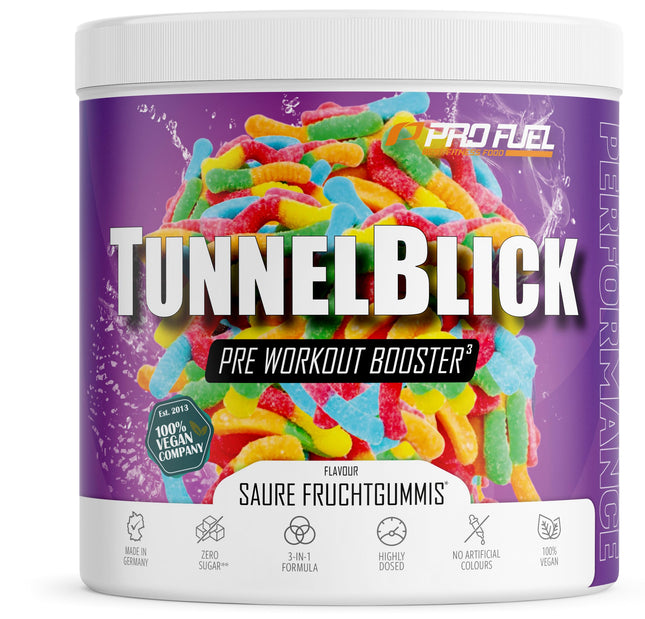 Pre-Workout Booster³ SOUR FRUIT GUMS 440g - incredibly delicious - TUNNELBLICK Training Booster³ with citrulline, arginine, taurine, caffeine, guarana, and magnesium - optimally dosed - 100% vegan