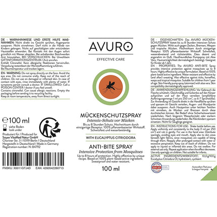 AVURO Mosquito Repellent Spray 100ml, long-lasting protection against insects, 100% plant-based active ingredient Eucalyptus Citriodora Oil, DEET-free