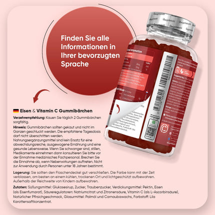 Iron &amp; Vitamin C Gummies - 2 Month Supply - 28mg Iron &amp; 10mg Vit C - 120 Gummies - Iron &amp; Vitamin C contribute to normal energy metabolism (EFSA) - Alternative to iron tablets